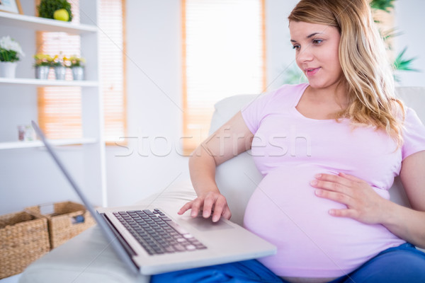 Boldog terhes nő laptopot használ otthon nappali számítógép Stock fotó © wavebreak_media