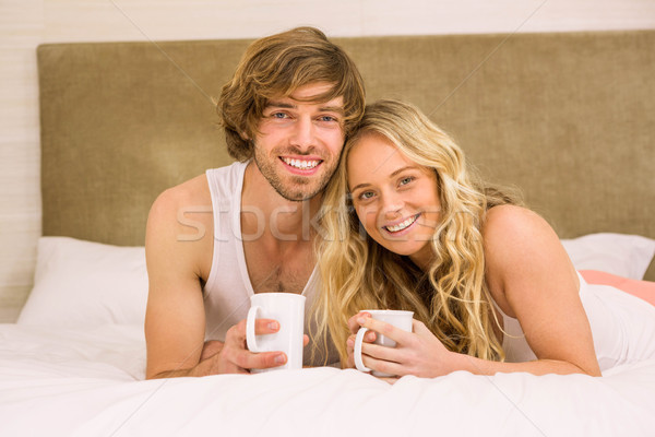 Stockfoto: Cute · paar · koffie · bed · slaapkamer · liefde