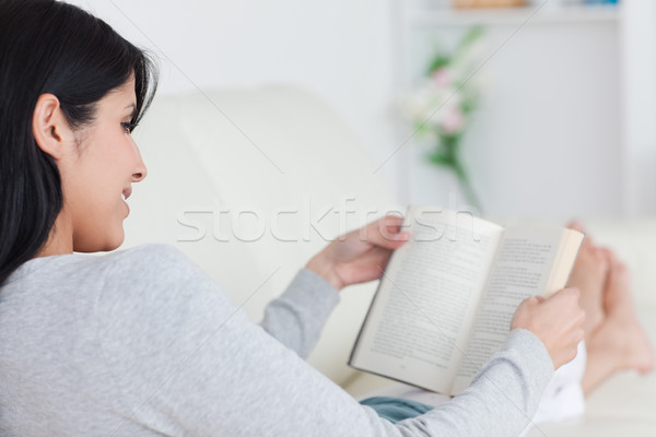 Foto stock: Mulher · leitura · livro · sofá · sala · de · estar