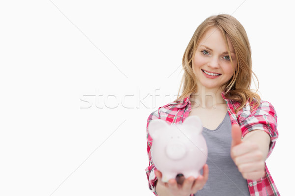 Stockfoto: Vrouw · duim · omhoog · spaarvarken · witte