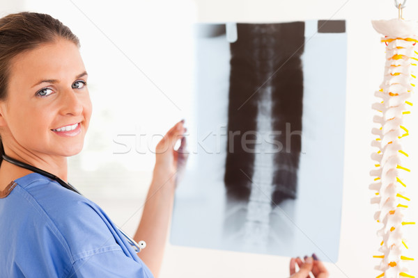 Stock photo: Brunette smiling doctor with a stethoscope and a x-ray in the surgery