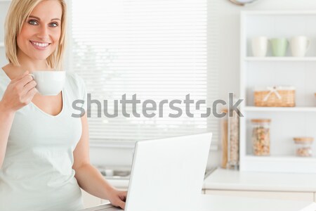 Lezser fiatal nő csésze kávé laptop néz Stock fotó © wavebreak_media