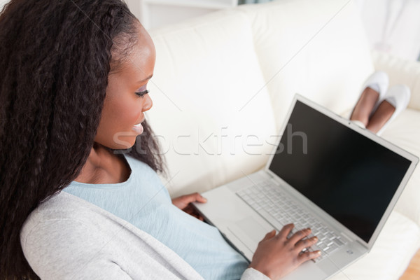 Stok fotoğraf: Genç · kadın · kanepe · defter · ev · dizüstü · bilgisayar · web