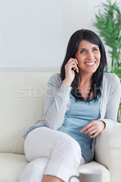 Nő mosolyog beszél telefon nappali telefon ablak Stock fotó © wavebreak_media
