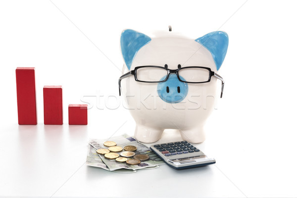 Piggy bank wearing glasses with calculator and cash and red grap Stock photo © wavebreak_media