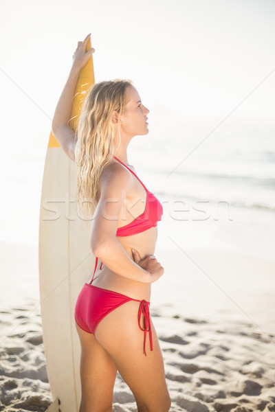 Mulher biquíni em pé prancha de surfe praia Foto stock © wavebreak_media