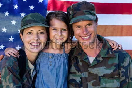 Foto stock: Americano · soldado · familia · bandera · de · Estados · Unidos · nina