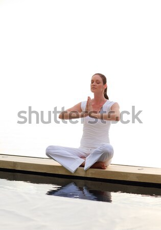 Foto d'archivio: Donna · yoga · mare · mattina · spiaggia · capelli