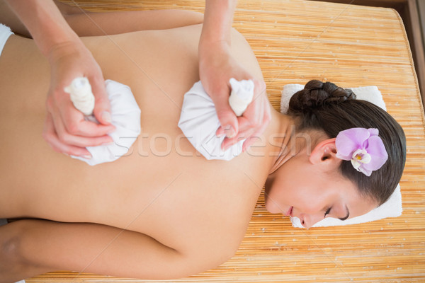 Stock photo: Smiling woman getting a back massage with herbal compresses