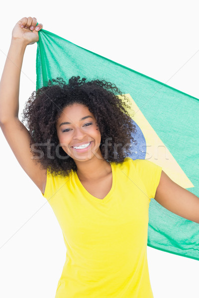 Pretty girl in yellow tshirt holding brazilian flag smiling at c Stock photo © wavebreak_media
