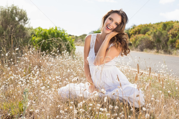Smiling woman sitting on countryside landscape Stock photo © wavebreak_media