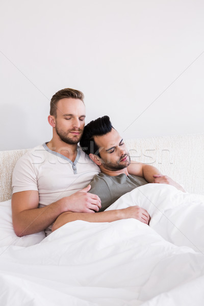 Stock fotó: Alszik · homoszexuális · pár · ágy · otthon · férfi