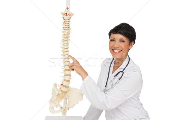 Gülen kadın doktor işaret iskelet model Stok fotoğraf © wavebreak_media