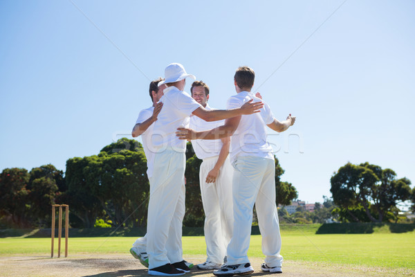 Sorridente críquete jogadores em pé campo céu claro Foto stock © wavebreak_media