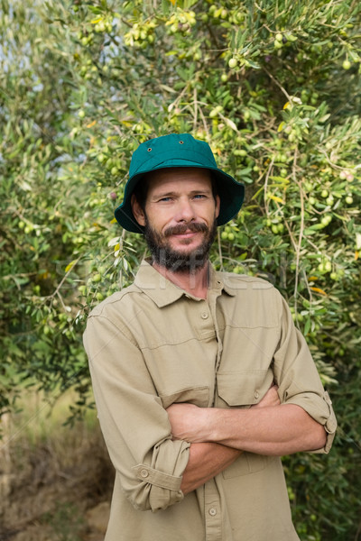 Foto stock: Sonriendo · agricultor · pie · los · brazos · cruzados · de · oliva · granja