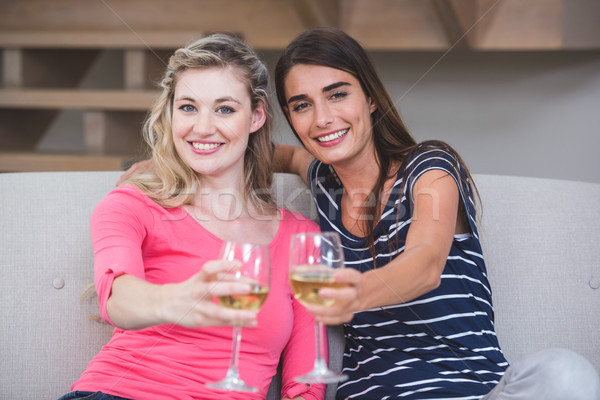 Two beautiful women showing their glass of wine in the living ro Stock photo © wavebreak_media
