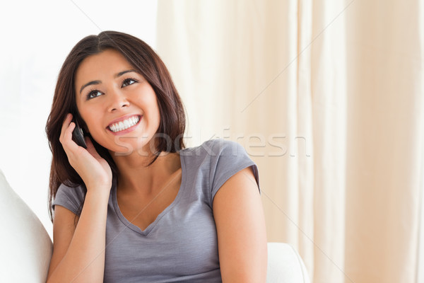 Stockfoto: Vrolijk · vrouw · woonkamer · glimlach · gelukkig · technologie