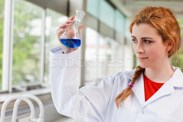Chemist looking at a blue liquid in an Erlenmeyer flask Stock photo © wavebreak_media