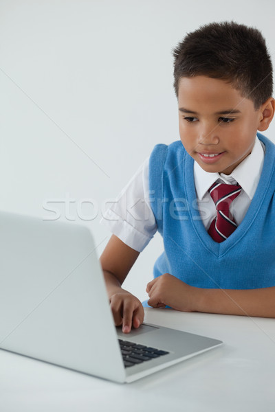 Stock fotó: Iskolás · fiú · laptopot · használ · fehér · internet · iskola · boldog