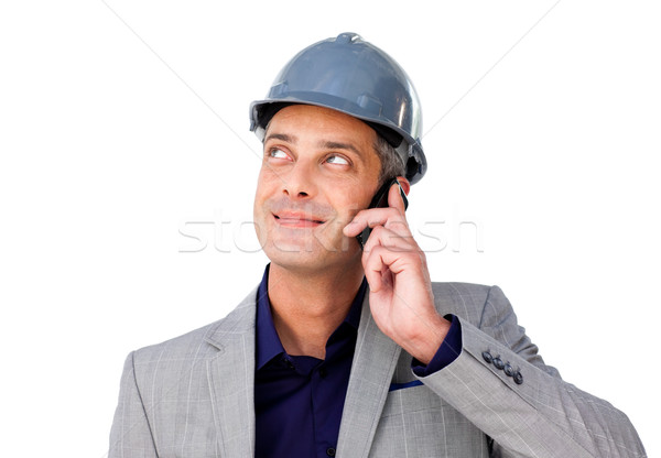 [[stock_photo]]: Charmant · Homme · architecte · téléphone · blanche