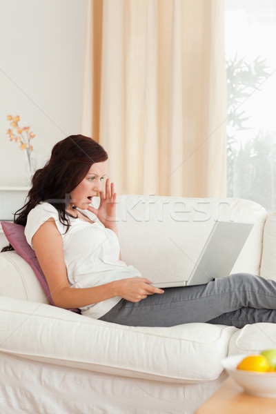 Surprised cute woman with a notebook in her livingroom Stock photo © wavebreak_media