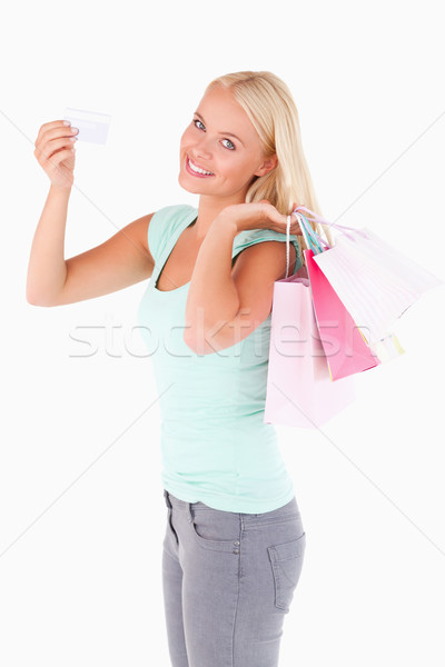 Stock fotó: Portré · mosolygó · nő · hitelkártya · szatyrok · stúdió · mosoly
