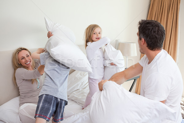 Aile yastık kavgası birlikte yatak odası adam Stok fotoğraf © wavebreak_media
