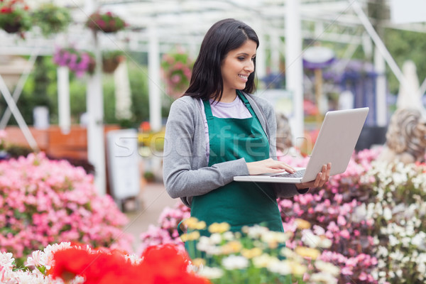 Foto stock: Mulher · laptop · jardim · centro · computador · flor