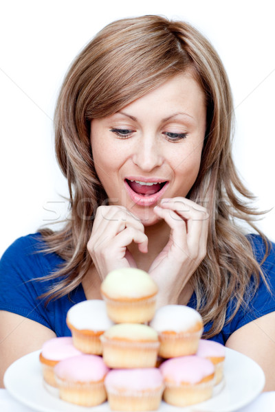 Sabırsız kadın yeme kek beyaz gıda Stok fotoğraf © wavebreak_media