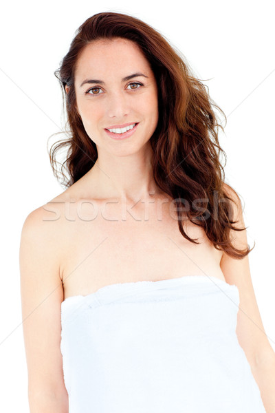 Foto stock: Cute · caucásico · mujer · toalla · cuerpo · sonriendo