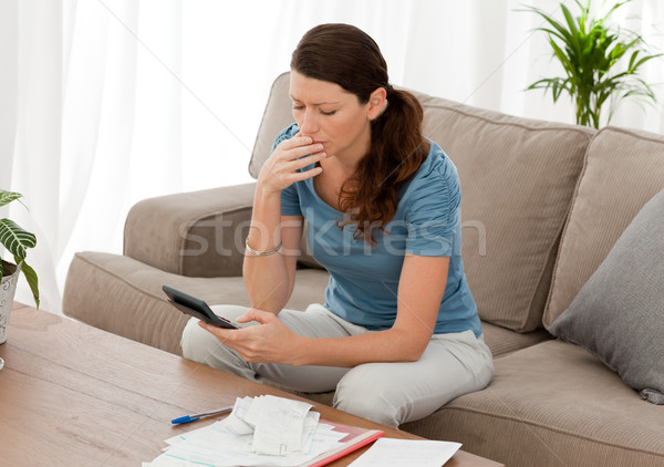 Endişeli kadın borçlar oturma livingroom ev Stok fotoğraf © wavebreak_media