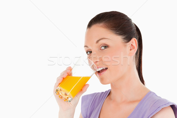 Foto stock: Mujer · atractiva · jugo · de · naranja · pie · blanco · mujer