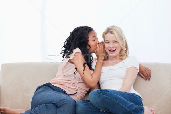 Jeune femme séance canapé chuchotement amis oreille [[stock_photo]] © wavebreak_media