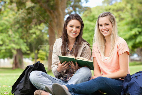 Sorridere adolescenti seduta studiare libro di testo parco Foto d'archivio © wavebreak_media