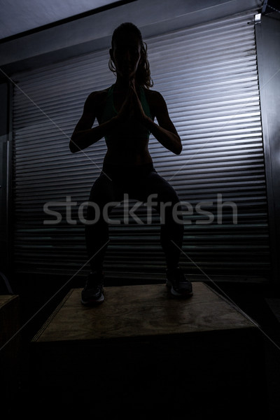Muskuläre Frau springen Holz Feld Gesundheit Stock foto © wavebreak_media