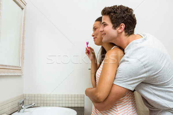 Pár ölel fogmosás fürdőszoba szeretet férfi Stock fotó © wavebreak_media
