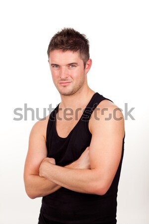 Foto stock: Primer · plano · retrato · sin · camisa · muscular · boxeador · blanco
