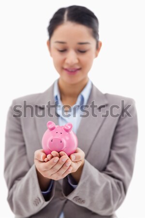 Stockfoto: Glimlachend · zakenvrouw · spaarpot · kantoor