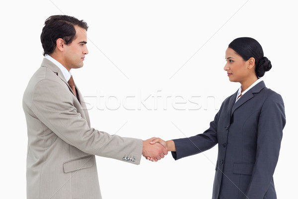 Side view of serious business partners shaking hands against a white background Stock photo © wavebreak_media