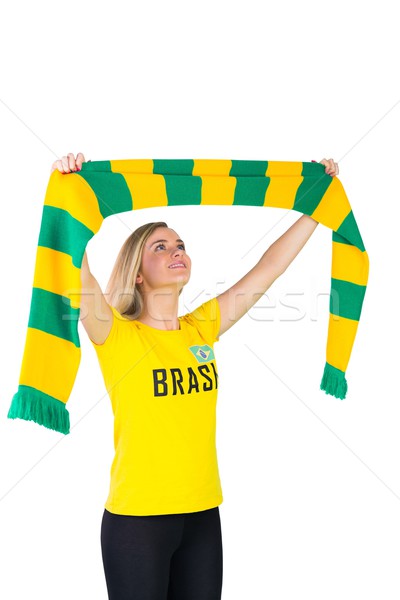 Foto stock: Excitado · fútbol · ventilador · brasil · camiseta · blanco