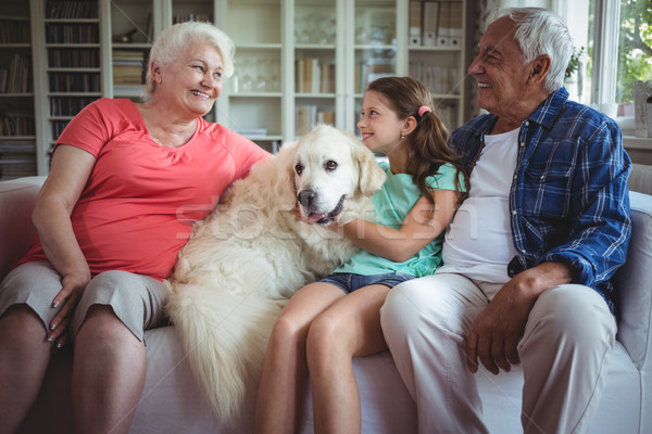 Grands-parents petite fille séance canapé animal chien [[stock_photo]] © wavebreak_media