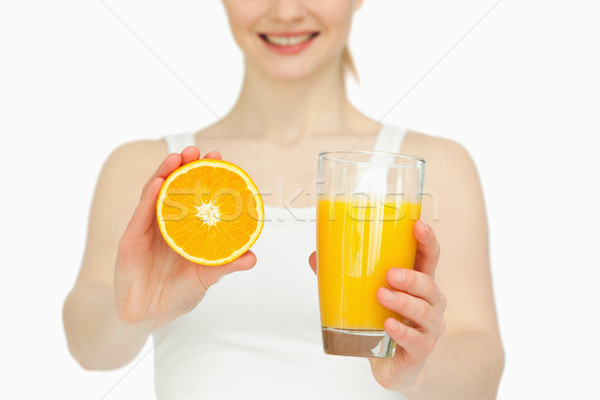 Foto stock: Mulher · laranja · vidro · branco