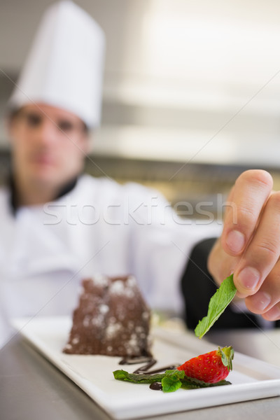 Mint leaf being put onto dessert plate of chocolate cake by chef Stock photo © wavebreak_media