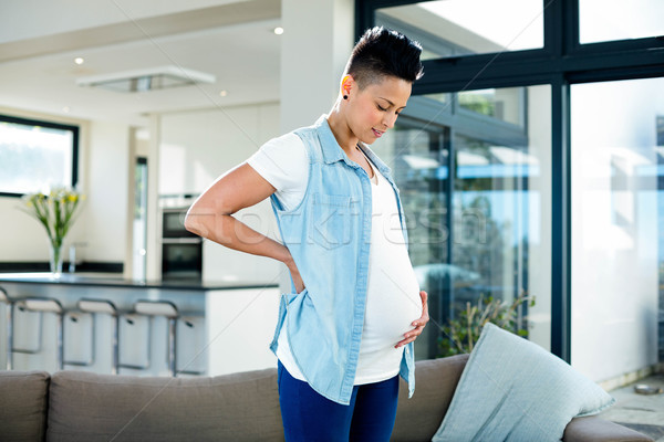 Foto stock: Mulher · grávida · tocante · barriga · sala · de · estar · mulher · casa