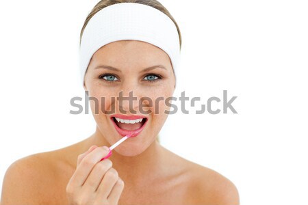 Zdjęcia stock: Uśmiechnięta · kobieta · połysk · odizolowany · biały · kobieta