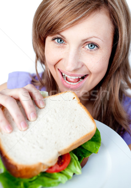 Foto stock: Mujer · hermosa · sándwich · blanco · casa · salud
