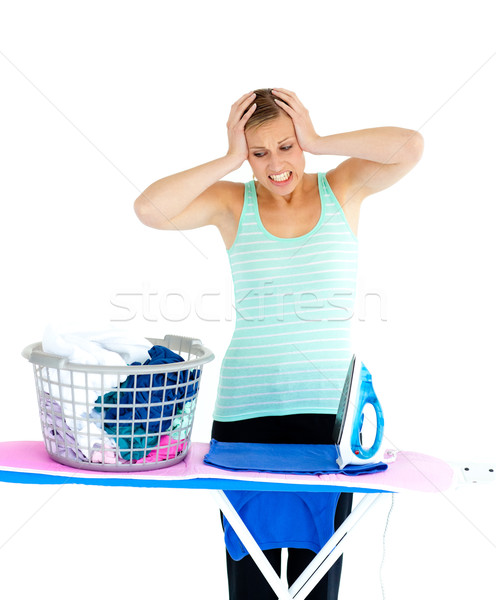 Stockfoto: Ongelukkig · vrouw · strijken · kleding · witte · werk