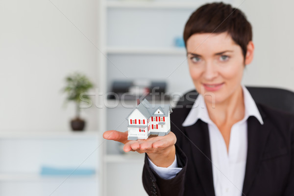Brunette showing a house miniature with the camera focus on th object Stock photo © wavebreak_media