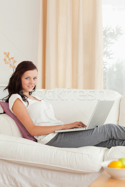 Przepiękny kobieta notebooka posiedzenia sofa bawialnia Zdjęcia stock © wavebreak_media