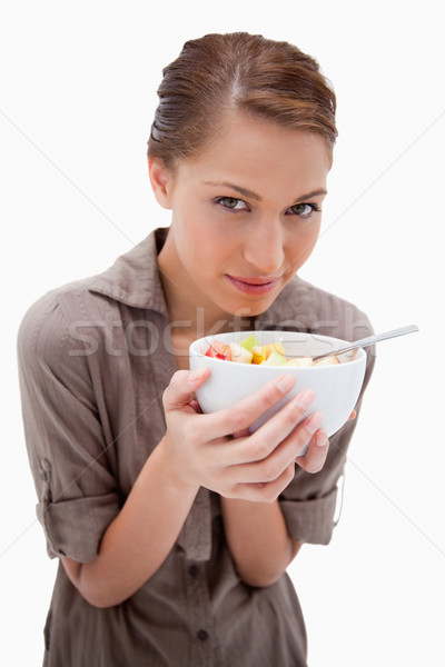 Vrouw kom vruchtensalade witte voedsel glimlach Stockfoto © wavebreak_media